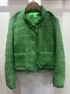 Women's green tweed fringe jacket short coat elegant chic commuter daily wear outer apparel