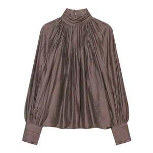 Elegant taupe high neck pleated blouse featuring long balloon sleeves and silky satin finish.