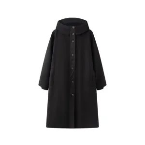 Detailed view of the black long hooded parka coat featuring front buttons and side pockets.