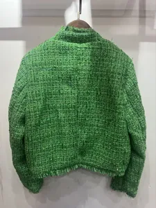 Green tweed fringe jacket women short elegant lightweight commuting chic outerwear piece 2026
