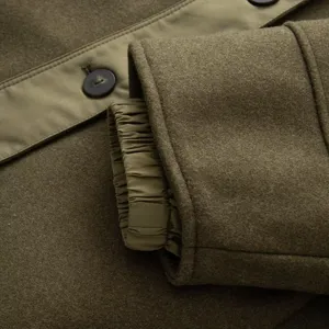 Close-up detail of women's winter parka sleeve cuff and button placket, stylish outerwear.