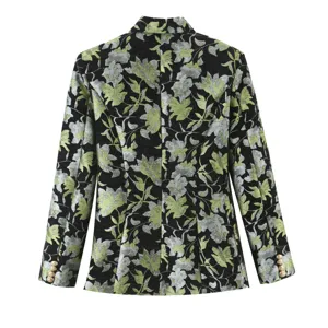 Back view detail of womens elegant floral jacquard blazer jacket with metal buttons.