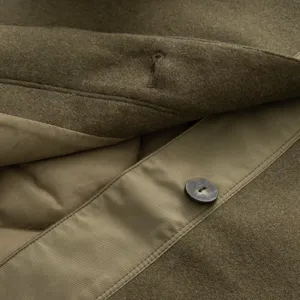 Olive green wool spliced parka coat detail showing premium fabric and button craftsmanship.