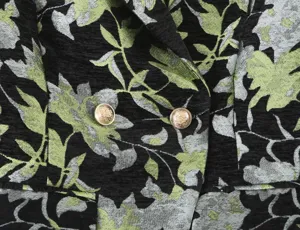 Women's black floral jacquard blazer jacket with stylish metal buttons for commute wear.