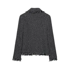 Black and white tweed blazer jacket featuring classic textured check and chic fringe trim detail.