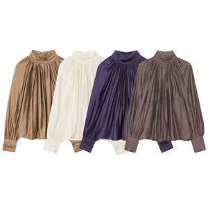Elegant women's satin pleated blouse with high neck and long sleeves, perfect for daily wear.