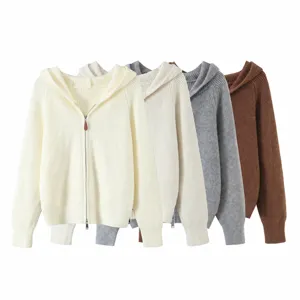 Cardigan Décontracté à Capuche et Fermeture Éclair pour Femmes Pull en Tricot Ample à Manches Longues