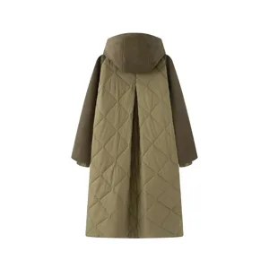 Detail view of a long hooded quilted parka coat with spliced sleeves for women fashion.