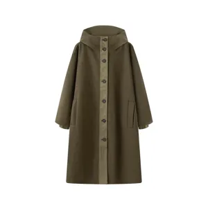 Details of the olive green hooded long parka coat featuring front buttons and spliced design.