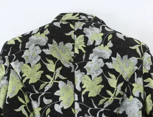 Detailed view of women's black floral jacquard blazer back, stylish and elegant commuting jacket.