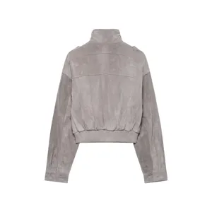 Graue Wildleder Kurzjacke Produktdetail, stylische Damen Stehkragen Oberbekleidung Ansicht.