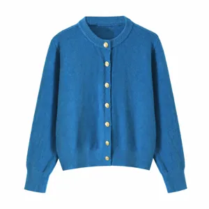 Dames Gebreid Vest Ronde Hals Lange Mouw Single-Breasted Gouden Knopen Slim Fit Polyester Gebreide Trui Top Voor Dagelijks Gebruik