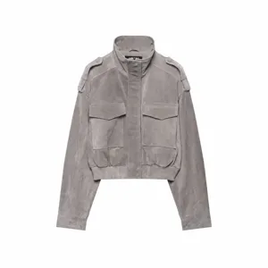Damen Casual Stehkragen Kurze Kunstwildleder Jacke Langarm Reißverschluss Gekürzte Oberbekleidung Mit Epauletten Tasche