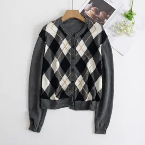 Damen Casual Argyle Strickjacke Pullover Rundhalsausschnitt Einreihig Langarm Knöpfen Strickwaren Oberbekleidung Tops