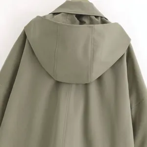 Stylish army green hooded cloak trench coat for women, perfect for modern casual daily wear.