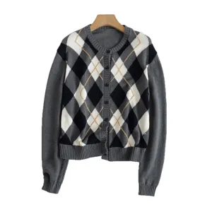 Damen Strickjacke Cardigan schickes Rautenmuster Langarm Knopfleiste Oberteil Damen