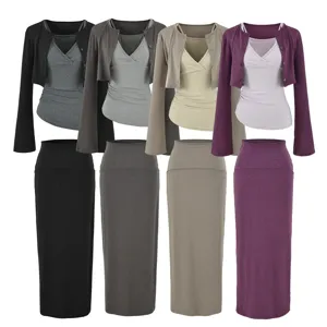 Damen Casual Einfarbig Langarm Cardigan Top Und Gerade Midirock Strick Set Mode Outfit