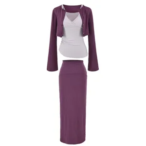 Schickes Damen 3-teiliges Set in Lila mit Cardigan Top und langer Rock eleganter Look