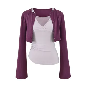 Damen violette kurze Strickjacke und graues Top Zweiteiler, modischer Langarm Cardigan.