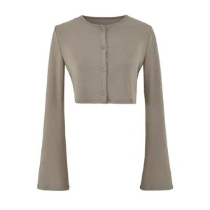 Damen Strickjacke Kurzschnitt Langarm Einfarbig Button Down Oberteil Detailansicht neu