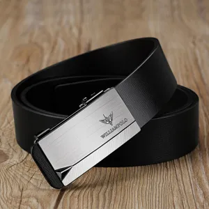 Men's genuine leather automatic buckle belt with stylish metal buckle for business wear.