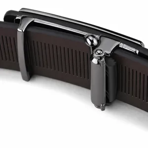 Men's automatic ratchet genuine leather belt with sleek alloy buckle, trackless design.
