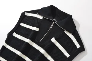 Dames zwart wit gestreepte gebreide mouwloze vest kraag kwart rits top mode chic