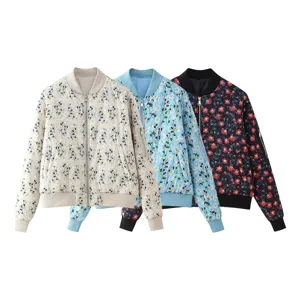 Detailed view of stylish floral print bomber jacket featuring smooth zipper and soft ribbed cuffs.