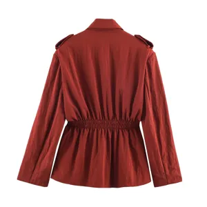 Women solid color safari style cinched waist jacket with epaulets and lapel collar red