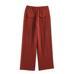 Red wide leg trousers for women, elastic high waist casual pants with back pockets.