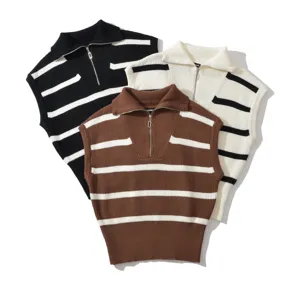 Dames mode gebreid rits polo vest casual gestreept mouwloos trui top voor zomerse buitenkleding.