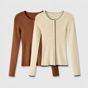 Suéter de Punto de Manga Larga con Cuello Redondo Estilo Preppy Bloque de Color Ajustado para Mujer Uso Diario