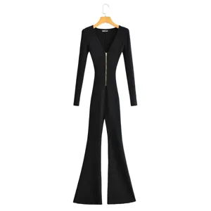Black long sleeve knit jumpsuit with front zipper flare pants, elegant slim fit casual wear.