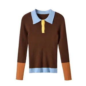 Women's Slim Fit Ribbed Knit Top Long Sleeve Color Block Lapel Patchwork Button Pullover Sweater Fashion Western Clothing