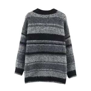 Gilet Cardigan Décontracté pour Femmes Col V Manches Longues Boutons Ample Pull Rayé Vêtements d'Extérieur Mode Tricot Quotidien
