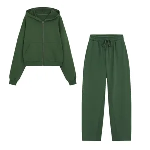 Dark green zip-up hoodie and sweatpants set detail, casual style, comfortable fleece fabric.