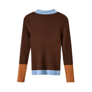 Close-up detail of the contrast ribbed knit sweater back showing long sleeves and collar.