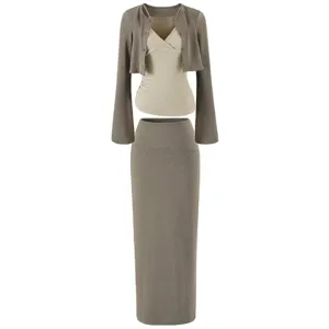 Korean fashion women cardigan camisole and midi skirt 3-piece set detailed garment view