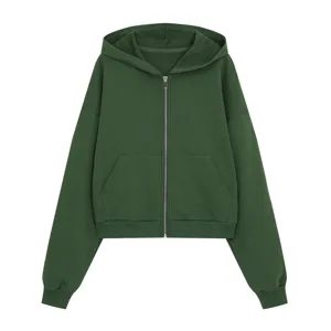 Women stylish dark green full zip up hooded sweatshirt casual long sleeve hoodie top