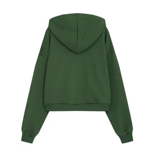 Back view detail of the dark green casual hoodie, showing solid color and clean hem structure.