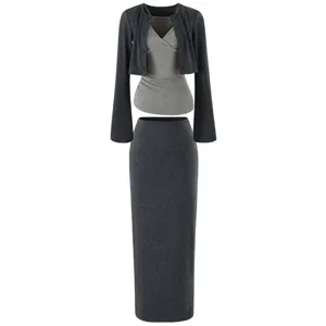 Detailed view of Korean 3-piece knit set, flare sleeve cardigan and bodycon skirt.