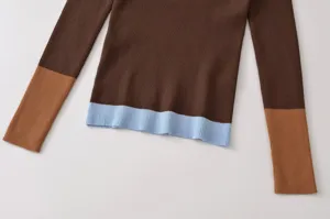 Women long sleeve ribbed knit sweater detail, brown color block knitwear cuffs hem.