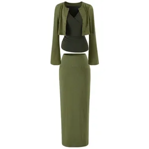 Details of the green knit 3-piece set featuring a cardigan, camisole, and skirt for women.