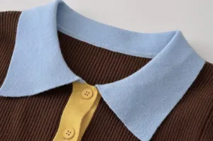 Close-up view of womens contrast color ribbed knit sweater collar and buttons detail.