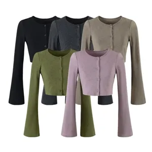 Korean style slim fit crew neck flare sleeve cardigan knitwear, soft fabric, elegant daily wear.