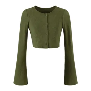 Women green cropped cardigan round neck long bell sleeve knit sweater top fashion apparel