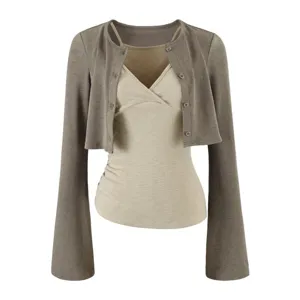 Korean style slim knit cardigan and v-neck camisole set, chic flare sleeve outfit for women.
