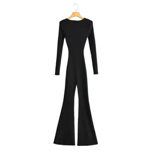 Black long sleeve knit jumpsuit women flare pants elegant chic office daily wear fashion outfit