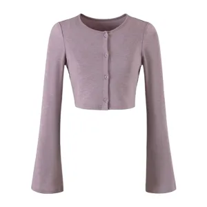 Detailed view of the elegant purple cropped cardigan featuring chic bell sleeves.