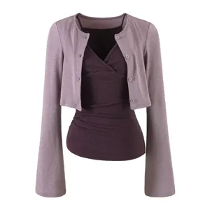 Detailed view of the Korean style cropped knit cardigan and layered V-neck camisole set.